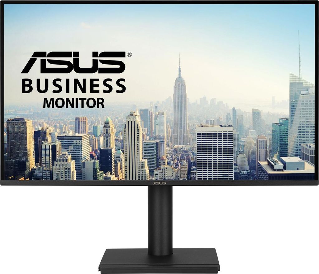 A computer monitor displaying a cityscape with the ASUS Business Monitor logo.