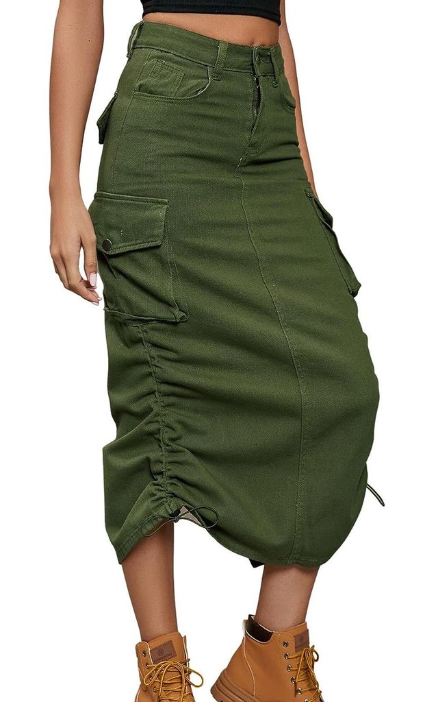 ASKSA Damen Y2K Cargo Roecke Jeans Bleistiftrock High Waist Elegant Kordelzug Midi Rock mit Taschen, Armeegruen, XL