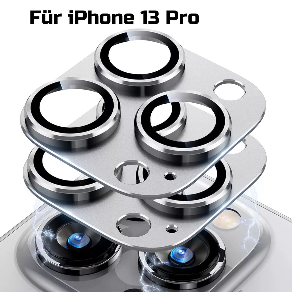 A close-up, layered view of camera lens protectors for an iPhone 13 Pro, with a hint of the phone's camera lenses visible below.