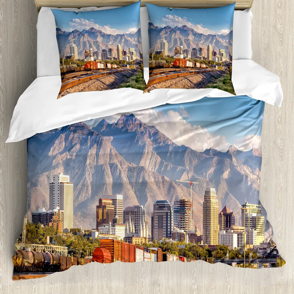 ABAKUHAUS Copripiumino paesaggio, Salt Lake City Utah USA, antiacaro, adatto a chi soffre di allergie, con federe, 155 cm x 220 cm - 80 x 80 cm, multicolore