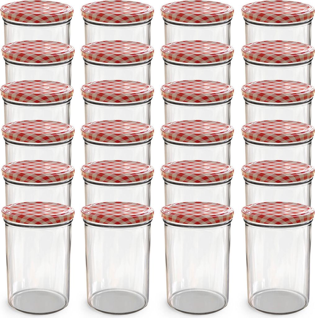 A grid of clear glass jars with red and white checkered lids.