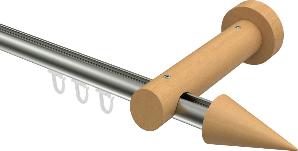Interdeco Innenlaufstange / Gardinenstange mit Innenlauf Edelstahl-Optik / Buche lackiert, Typ Talent Siveo (Kegel), 20 mm Ø 1-läufig, 120 cm