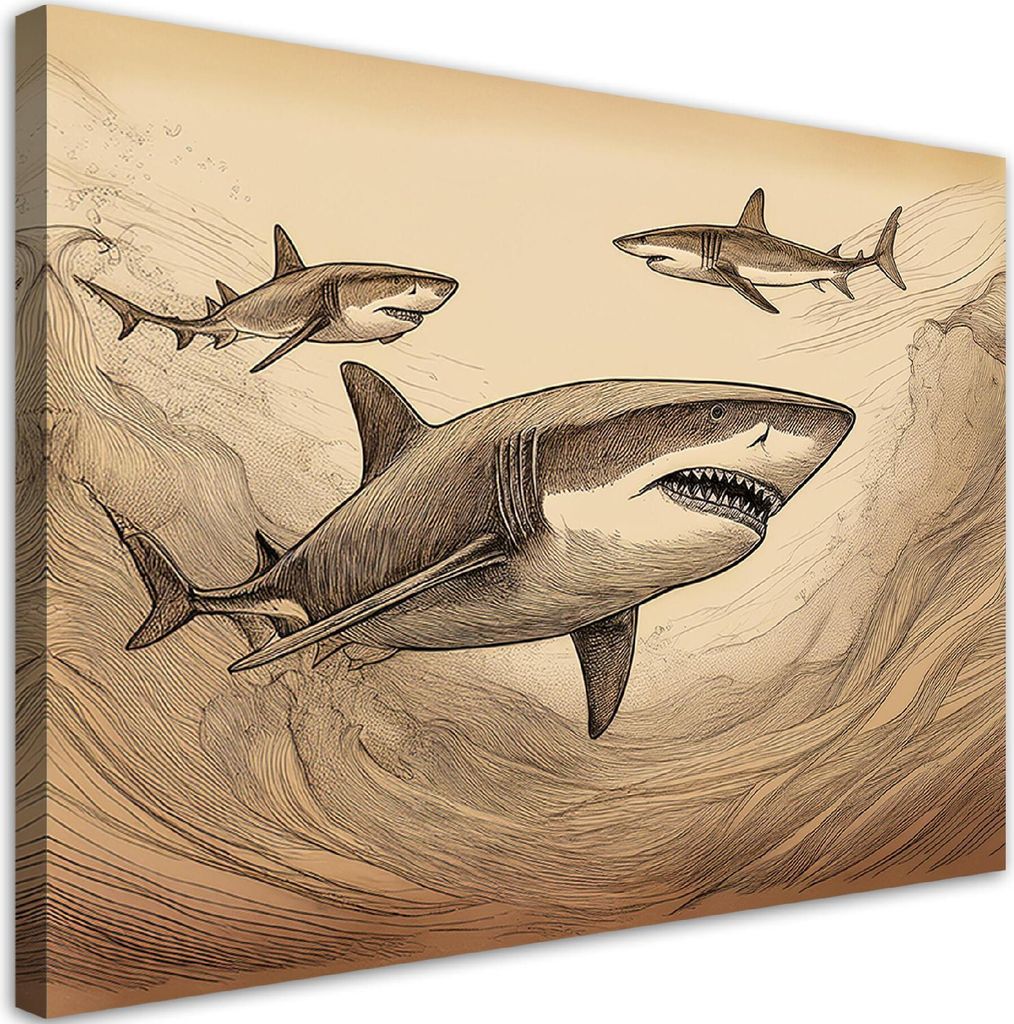 Leinwandbild Vintage Tiere Haie 60x40 Feeby Beige bild für die wand bereit zum aufhängen