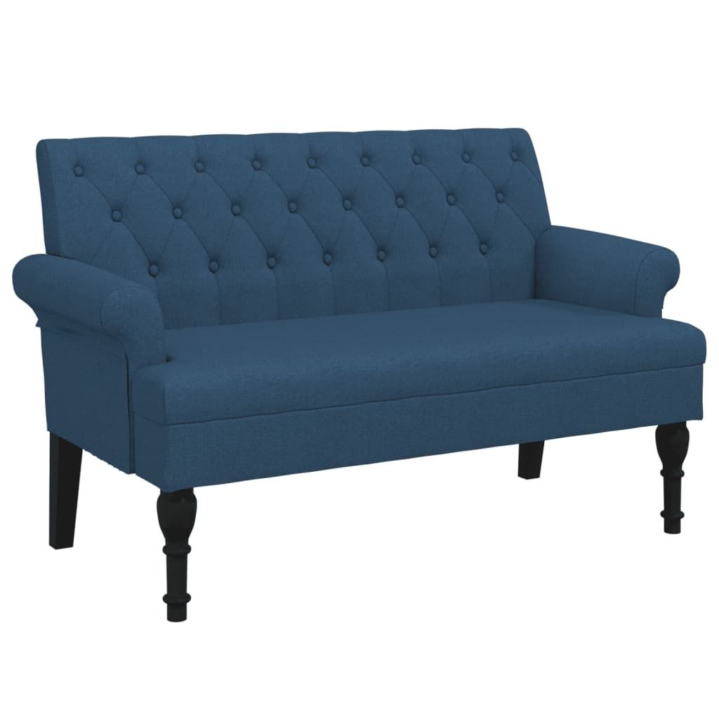 A blue upholstered bench with tufted backrest and dark wooden legs, shown from a front-side angle against a white background.