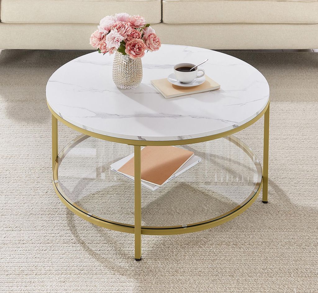 VASAGLE Couchtisch, Wohnzimmertisch,80 x 46 cm (Ø x H), Marmorweiß-Metallisches Gold