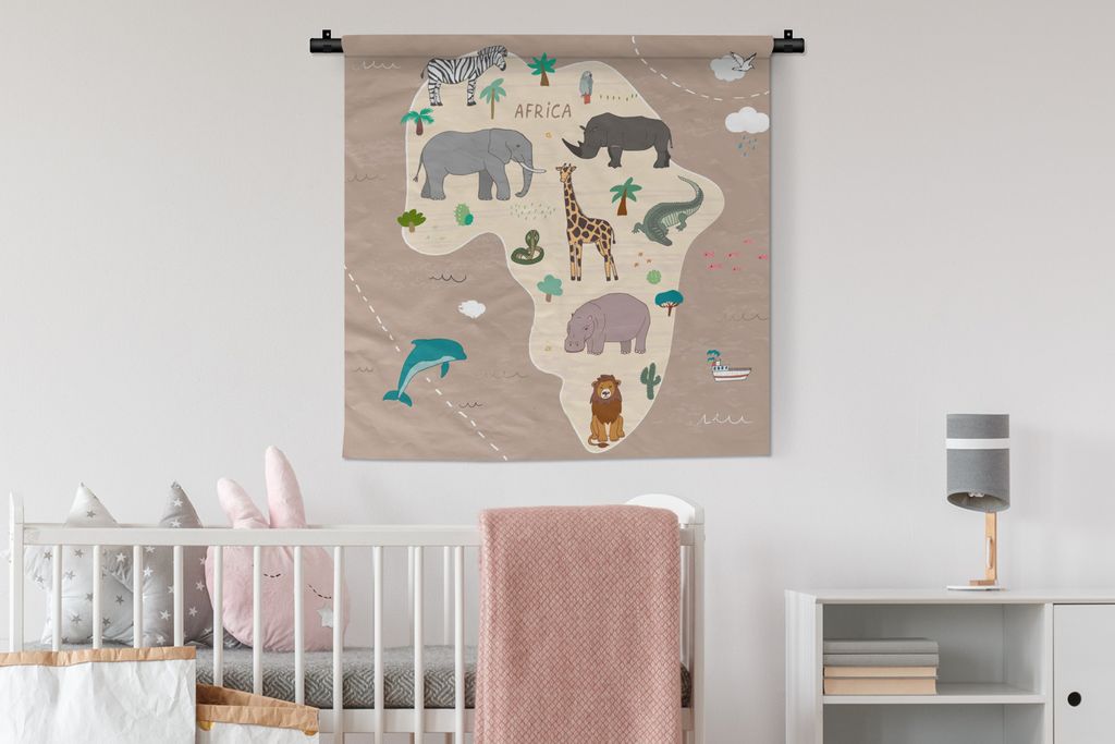 MuchoWow Wandteppich Wandbehang Tiere - Weltkarte - Kinder - Afrika - Jungen - Mädchen 90x90 cm Tapisserie Dekoration Wandtuch - Wandaufhänger