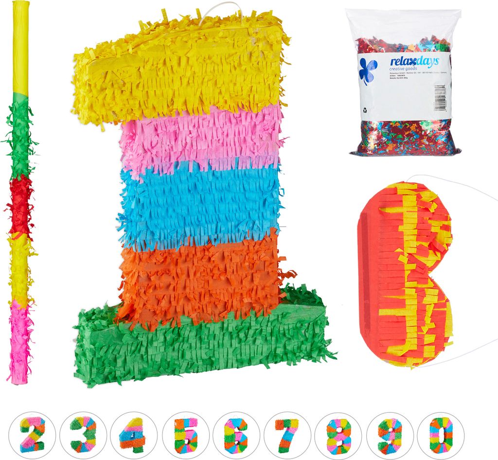 4 tlg. Pinata Set Geburtstag Zahl 1, XXL Konfetti Sack, Pinatastab mit Augenmaske, Geburtstagspinata, Stock & Maske, bunt