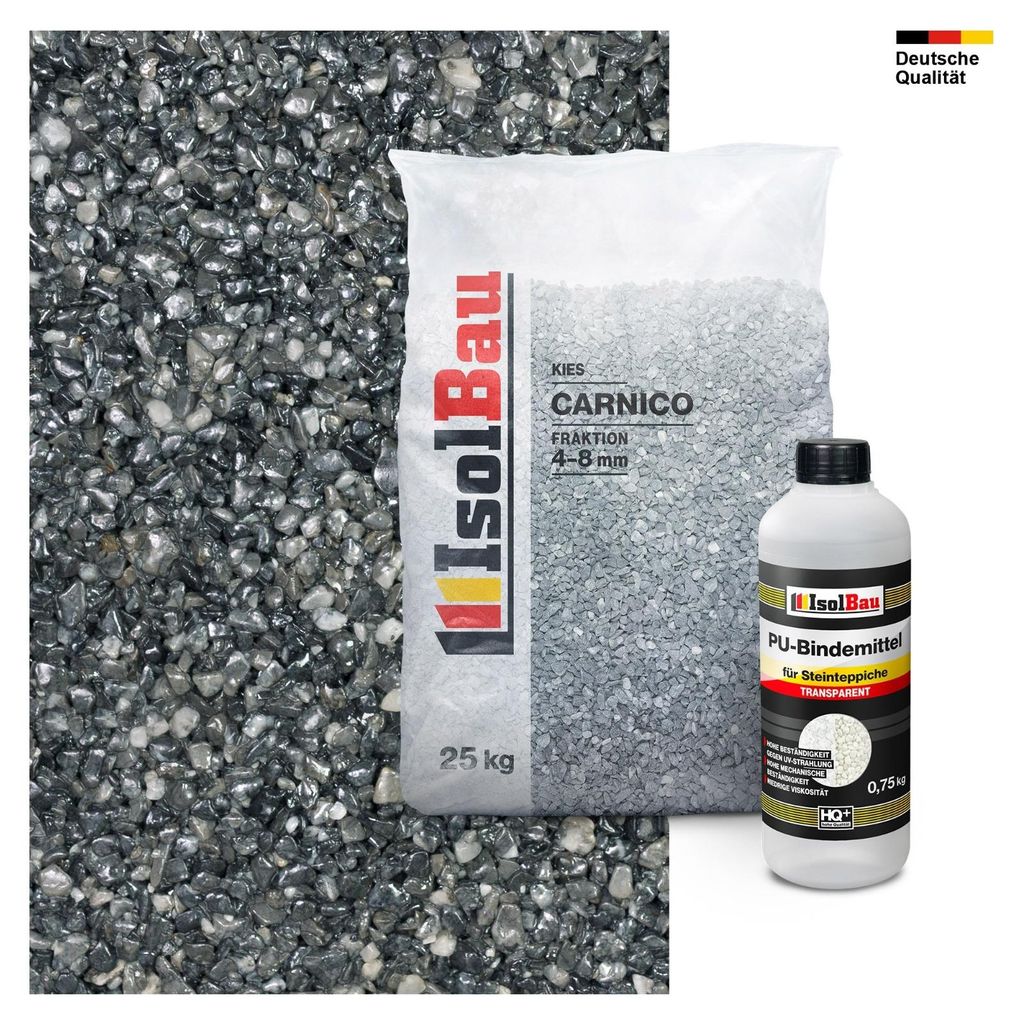 Isolbau Steinteppich Set Marmorkies Carnico 4-8 mm 25 kg + Bindemittel Grau bis 2,5 m² Innen Außen