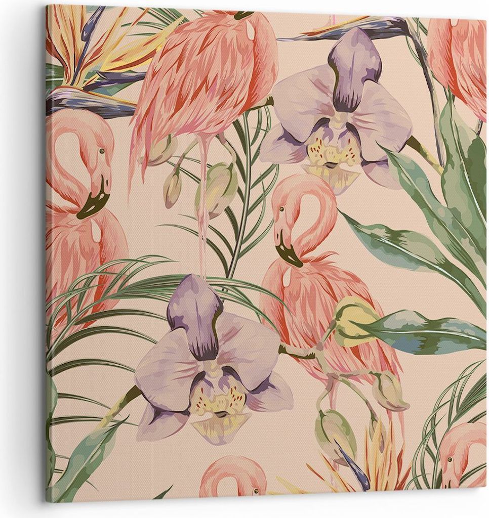 Bild auf Leinwand - Leinwandbild - Flamingos Pflanzen Vogel exotisch - 60x60cm - Wand Bild - Wanddeko - Leinwanddruck - Bilder - Kunstdruck - Leinw...