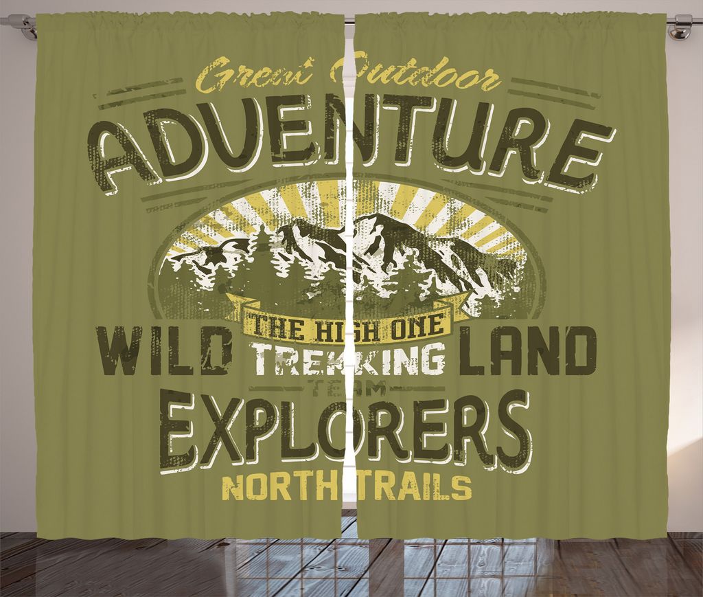 ABAKUHAUS Retro Rustikaler Vorhang, Outdoor Adventure Poster, Wohnzimmer Universalband Gardinen mit Schlaufen und Haken, 280 x 175 cm, Olive Grün ...