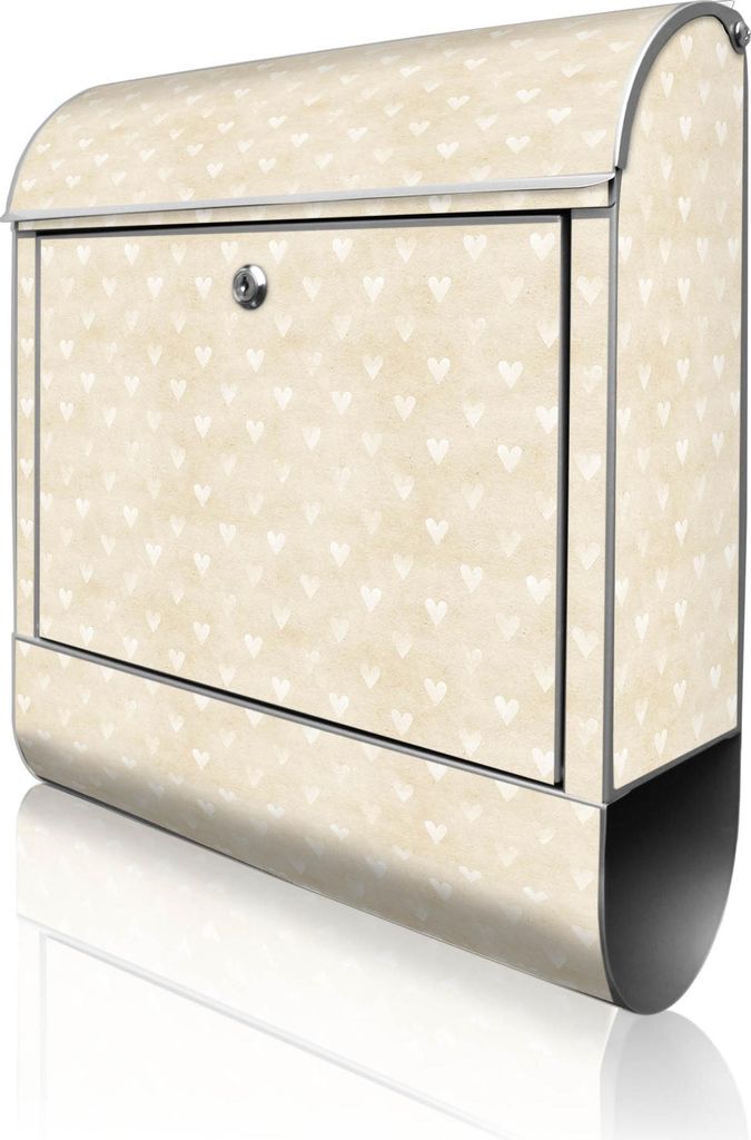 banjado Design Briefkasten Stahl silber mit Zeitungsfach pulverbeschichtet "Beige Herzen " 38x46x12,5cm & 2 Schlüssel - Postkasten A4 Einwurf inkl...