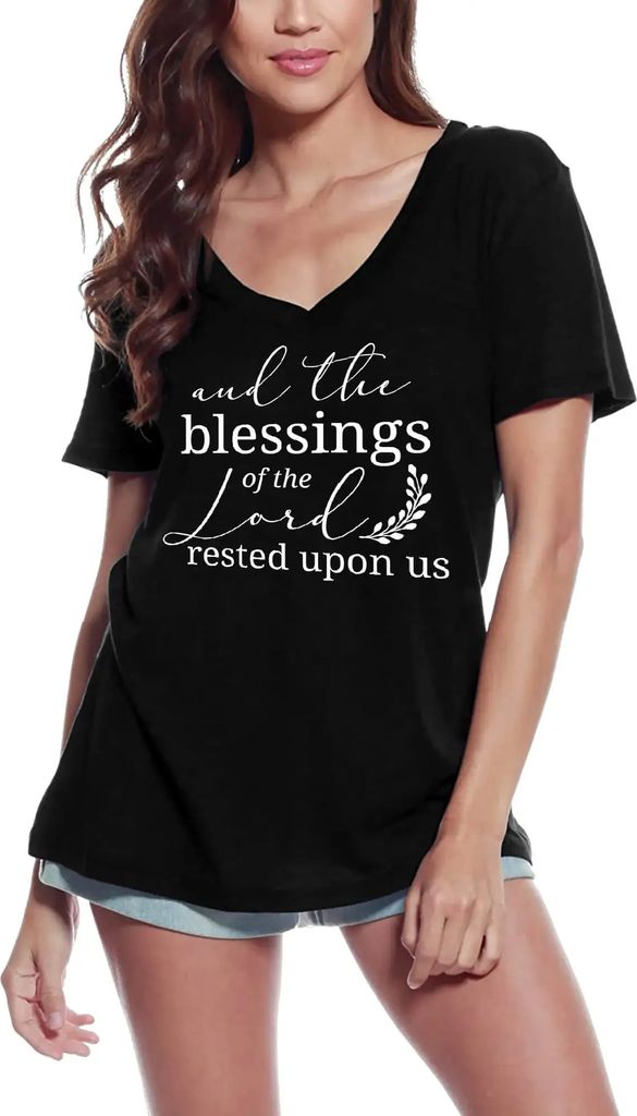 Damen Grafik T-Shirt V-Ausschnitt Und die Segnungen des Herrn – And The Blessings Of The Lord – Öko-Verantwortlich Vintage Jahrgang Kurzarm Lu...