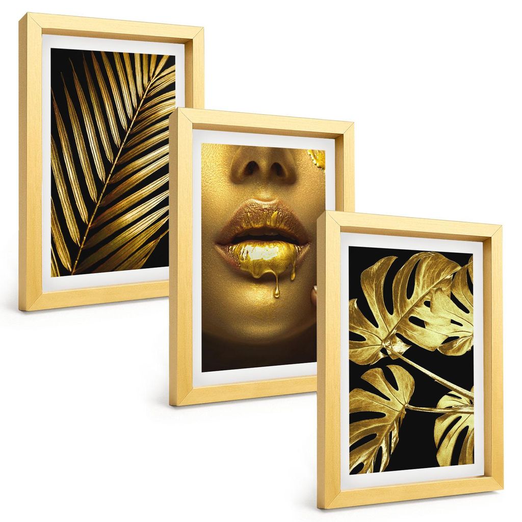 Bilder Set 3-teilig im Goldrahmen Rahmen – Wandbilder 3 Stück – gerahmte Poster für Wohnzimmer, Schlafzimmer und Flur – 20x30 cm – Mund e...
