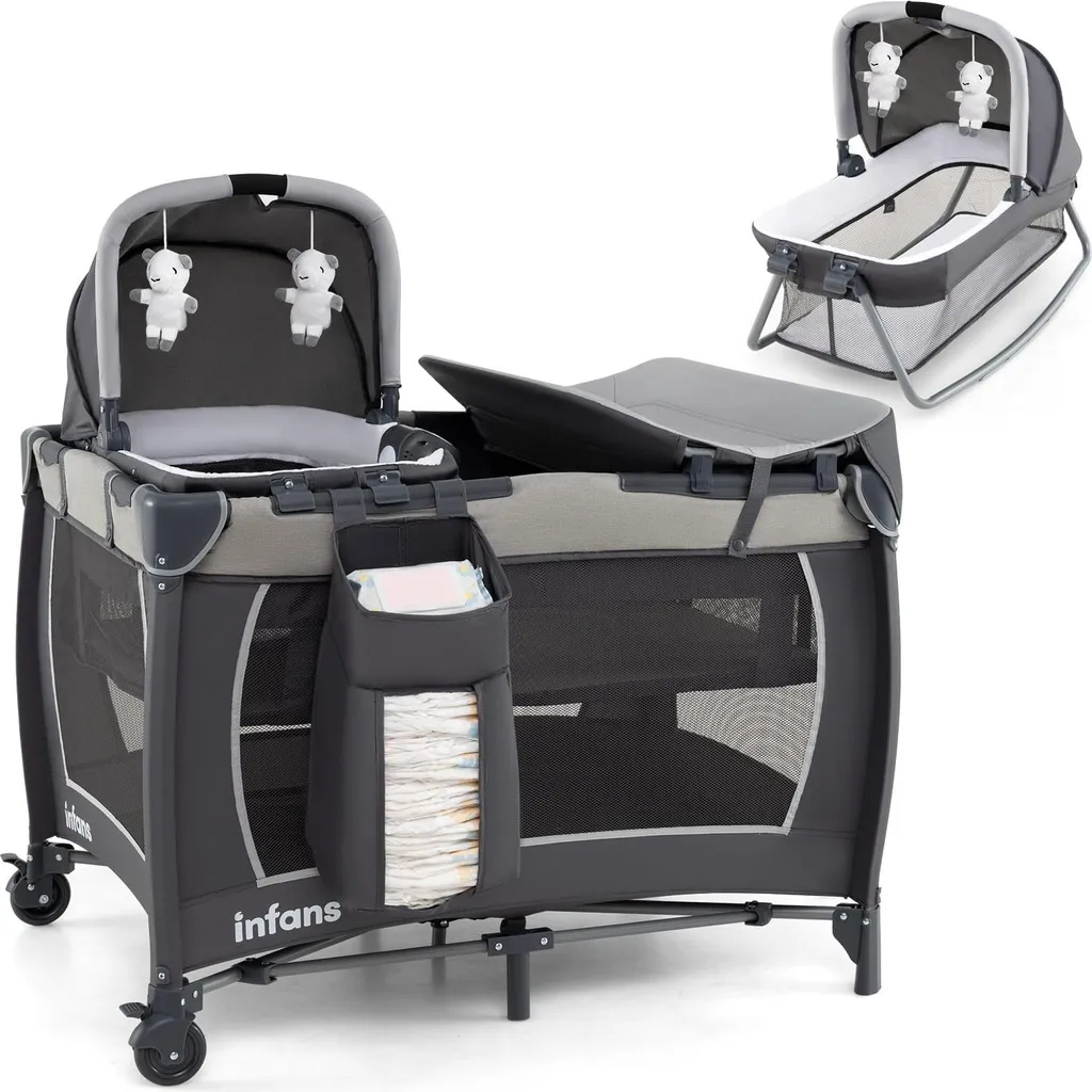 Lit bébé 5 en 1 pliable avec table à langer et organiseur de couches