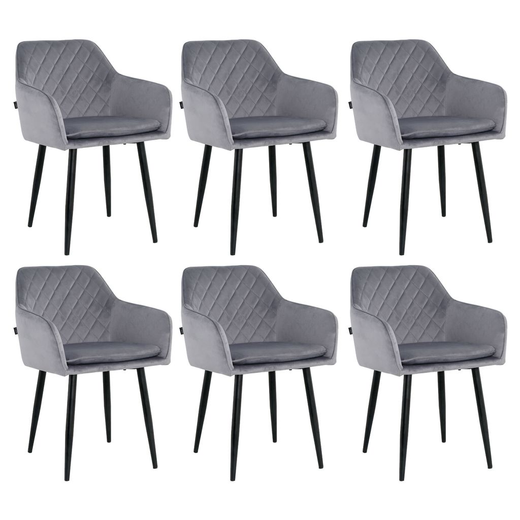 Lina Noble Esszimmerstühle, 6er Set, Samt, Grau - Küchenstuhl, Wohnzimmerstuhl, Design Stuhl mit Armlehnen - Samt Stühle Esszimmer mit schwarz...