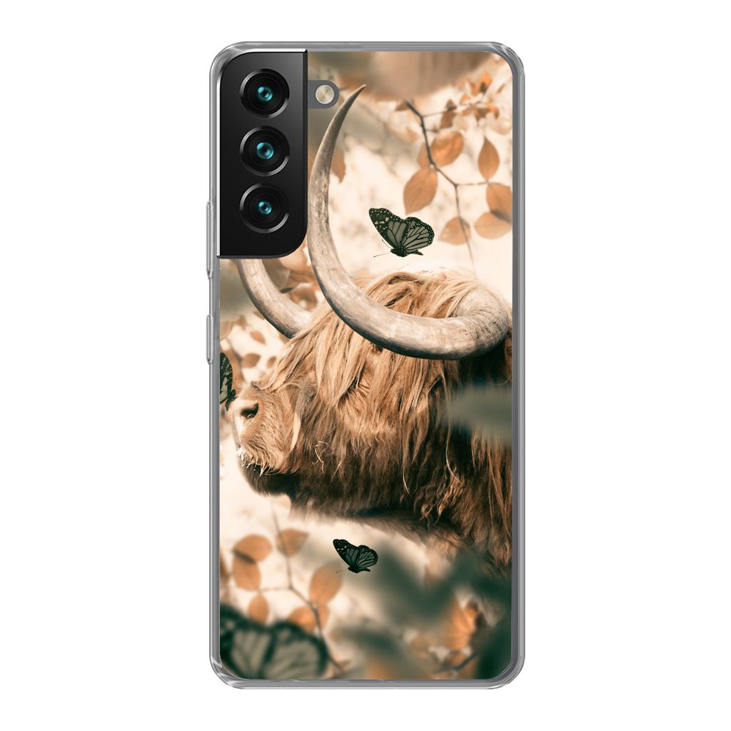 MuchoWow Handyhülle Schutzhülle Hülle für Samsung Galaxy S22 Schottische Highlander - Schmetterlinge - Blätter Silikon Softcase Handy Hülle...