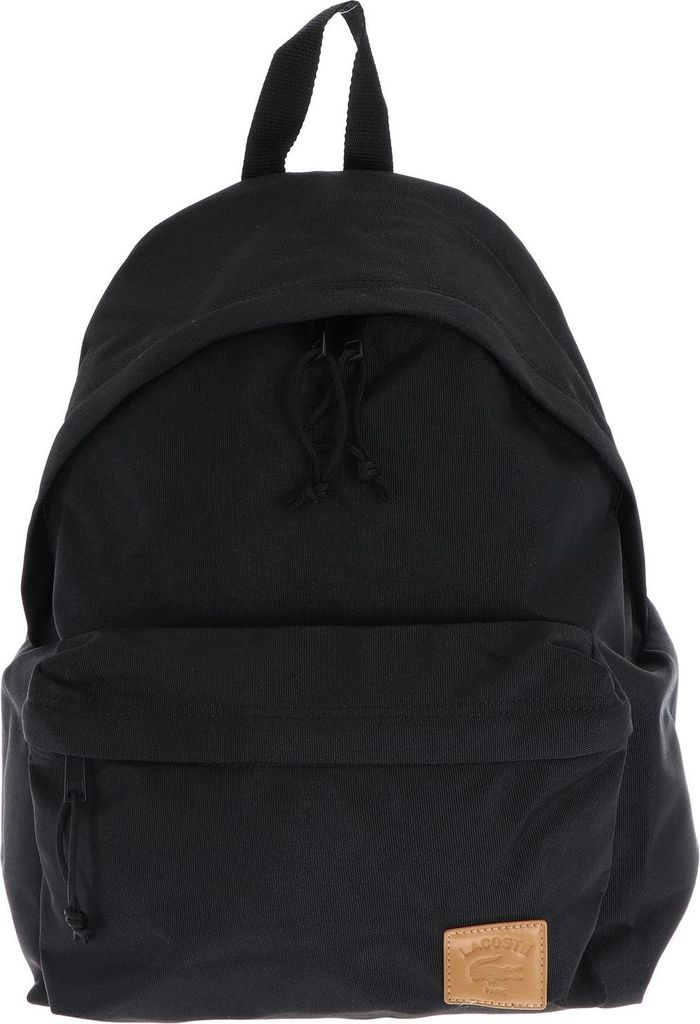 A black backpack is shown against a white background.
