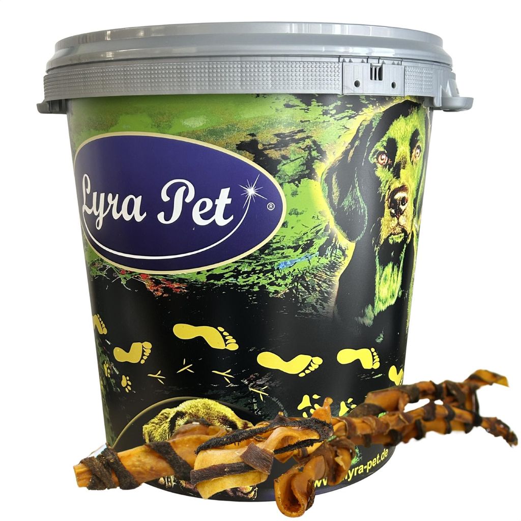 10 Stk. Lyra Pet Rinderkopfhautstangen mit Pansen ca. 70 cm in 30 L Tonne