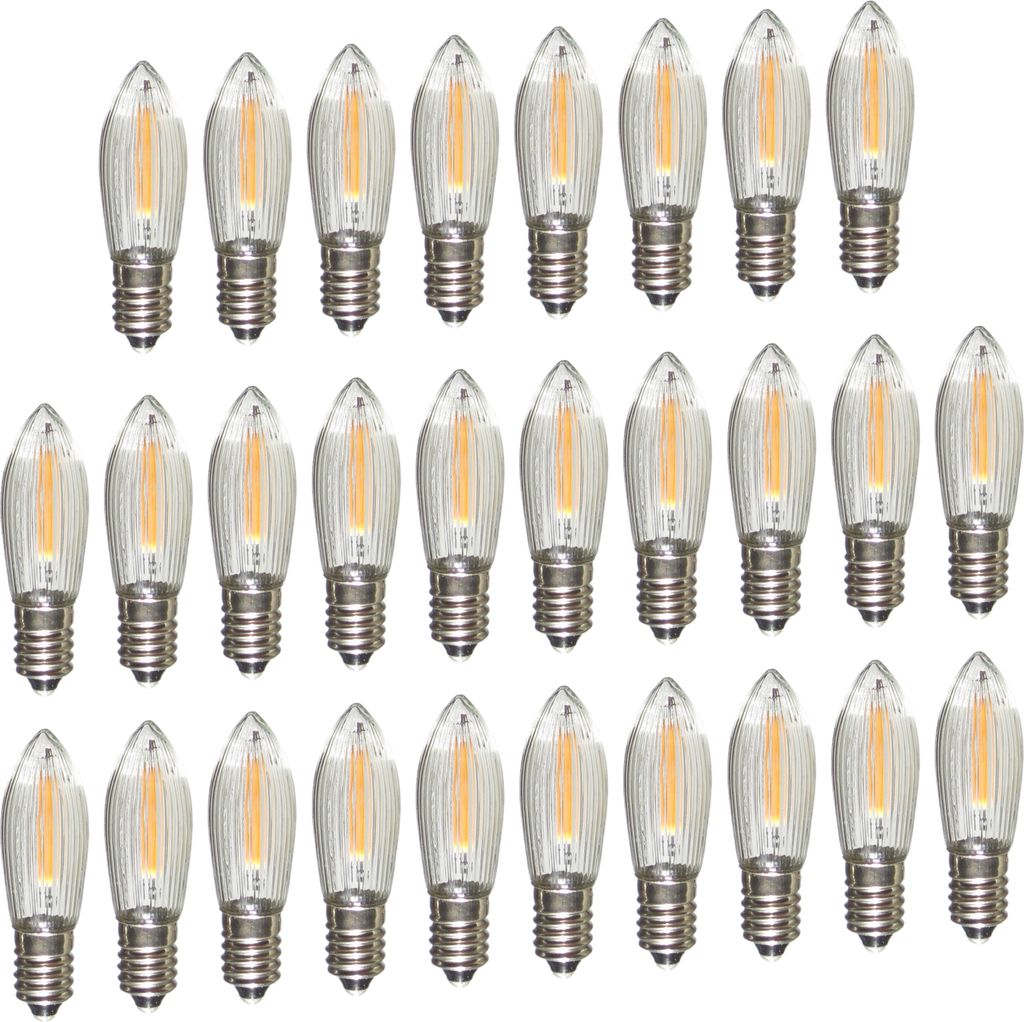 A collection of LED filament light bulbs arranged in rows on a white background.