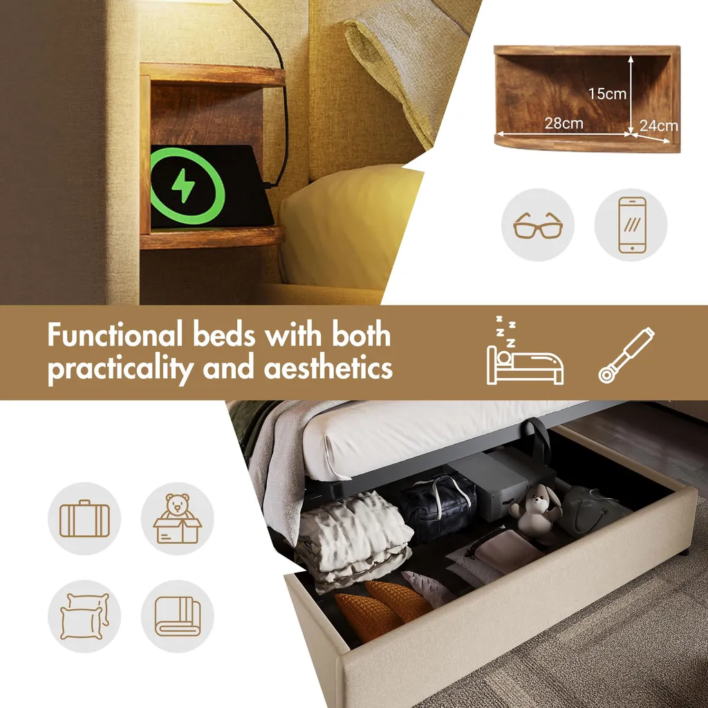 MODFU Lit coffre 180x200 cm - Lit double avec charge USB et Lampe - Beige - 8