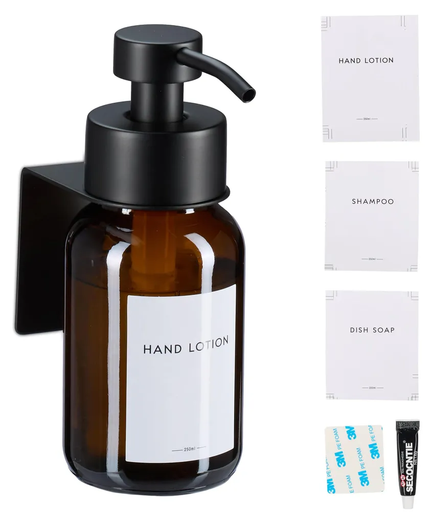 Distributeur de savon 250 ml en verre ambré et inox, fixation adhésive