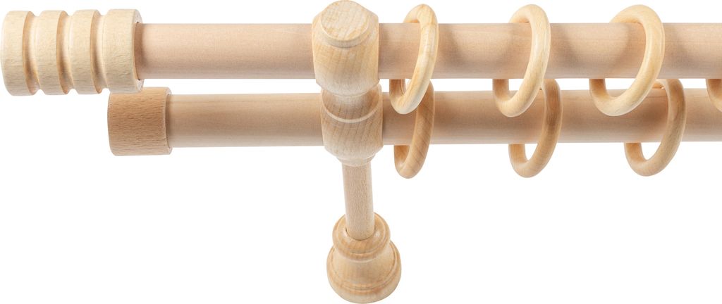 SN Deco - Stilgarnitur Gardinenstange Vorhangstange Pisa, Holz, 28mm, 2-Lauf, Komplettset mit Ringen, Farbe Natur 120cm