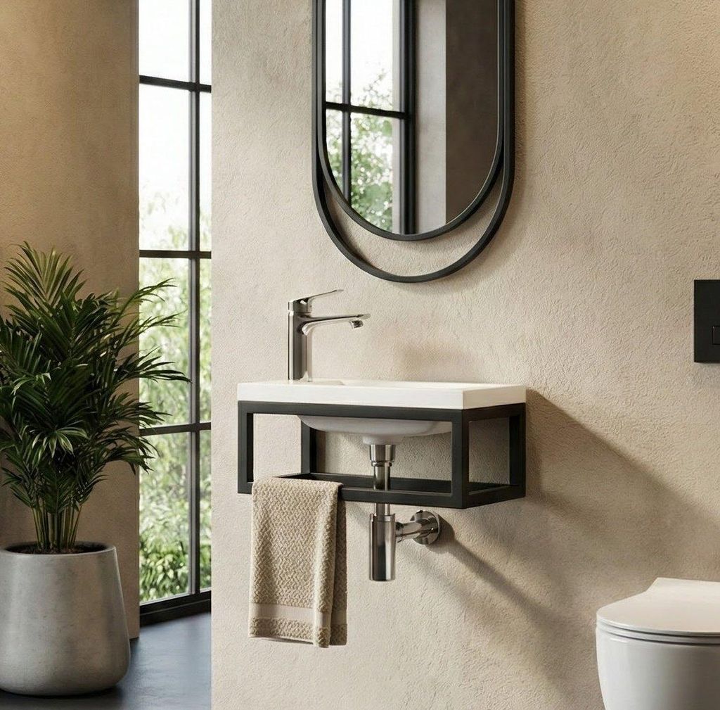 Gäste-WC Möbel Mesa 40 x 22 cm – Mattweiß mit schwarzem Metallgestell – Hängender Waschbeckenunterschrank