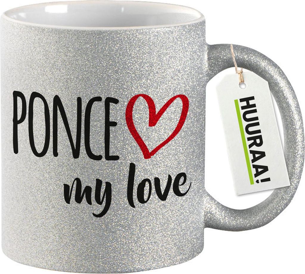 Huuraa Glitzertasse Ponce my love 330ml Silber Keramik Kaffeebecher Geschenkidee