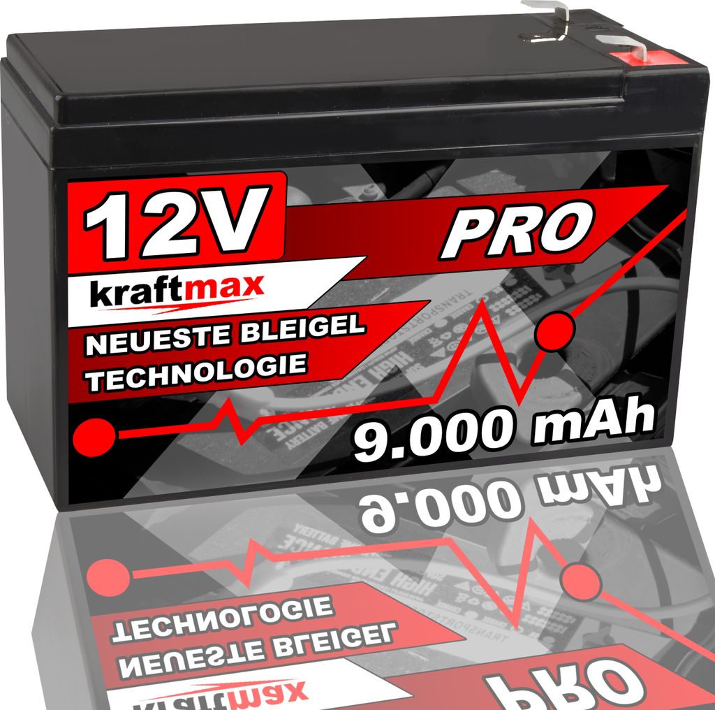 A product shot of a black battery with prominent branding and specifications.