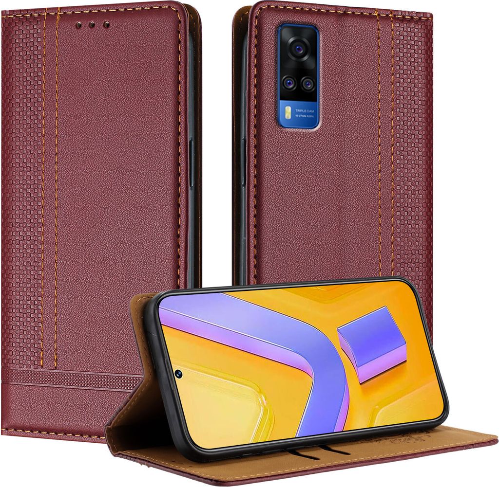 Handyhülle für Vivo Y33 Leder Flip Klappbare Schutzhülle mit Standfunktion Dunkelrot
