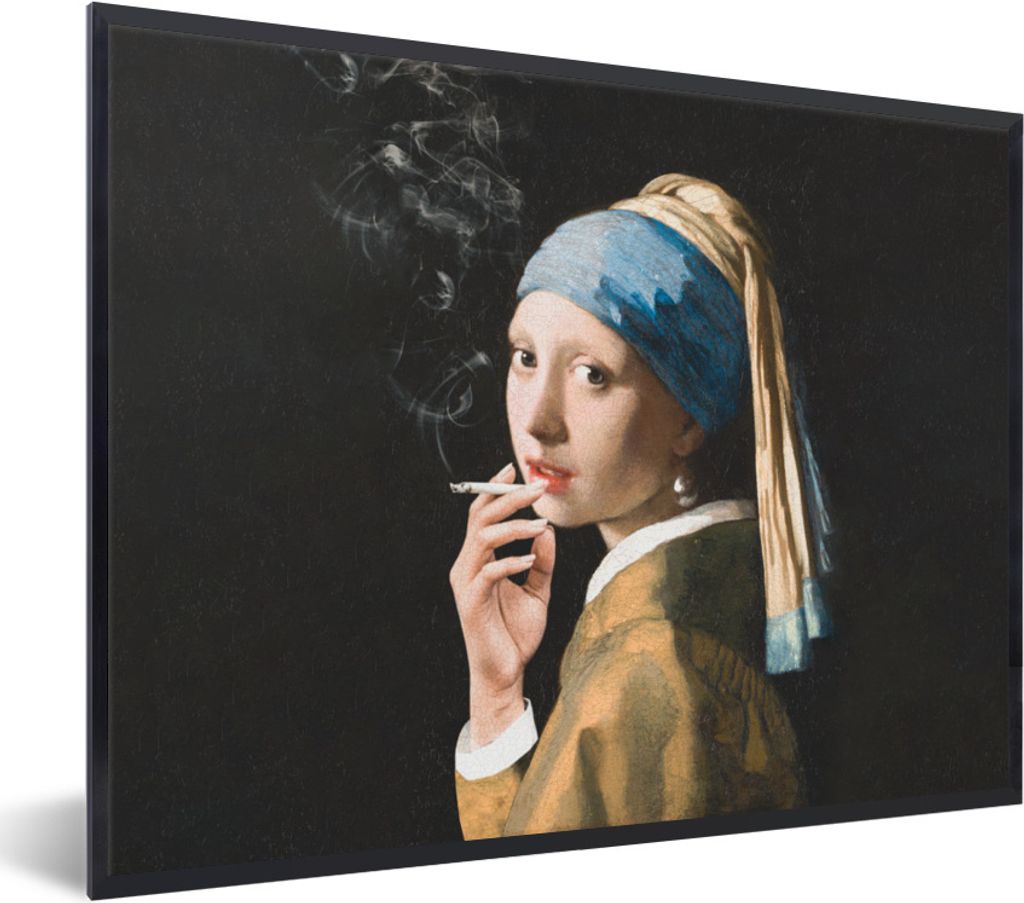 MuchoWow Gerahmtes Poster Das Mädchen mit dem Perlenohrring - Vermeer - Zigarette 80x60 cm - Poster mit Schwarzem Bilderrahmen Wandposter Rahmen...