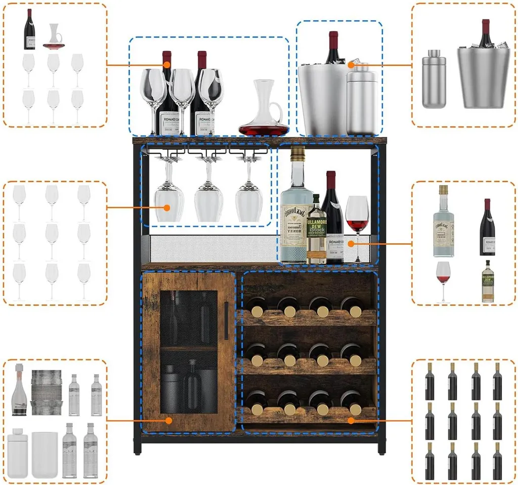 Buffet industriel marron avec étagère amovible et support pour verres - 6
