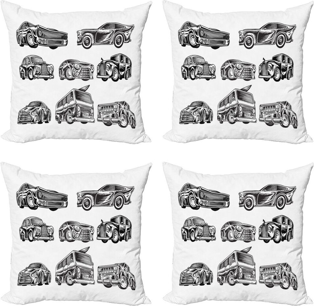 ABAKUHAUS Vintage Trucks Kissenbezug Set (4 Stück), Retro Classic Cars, Moderner Doppelseitiger Digitaldruck, 60 cm x 60 cm, Charcoal Grau und Weiß