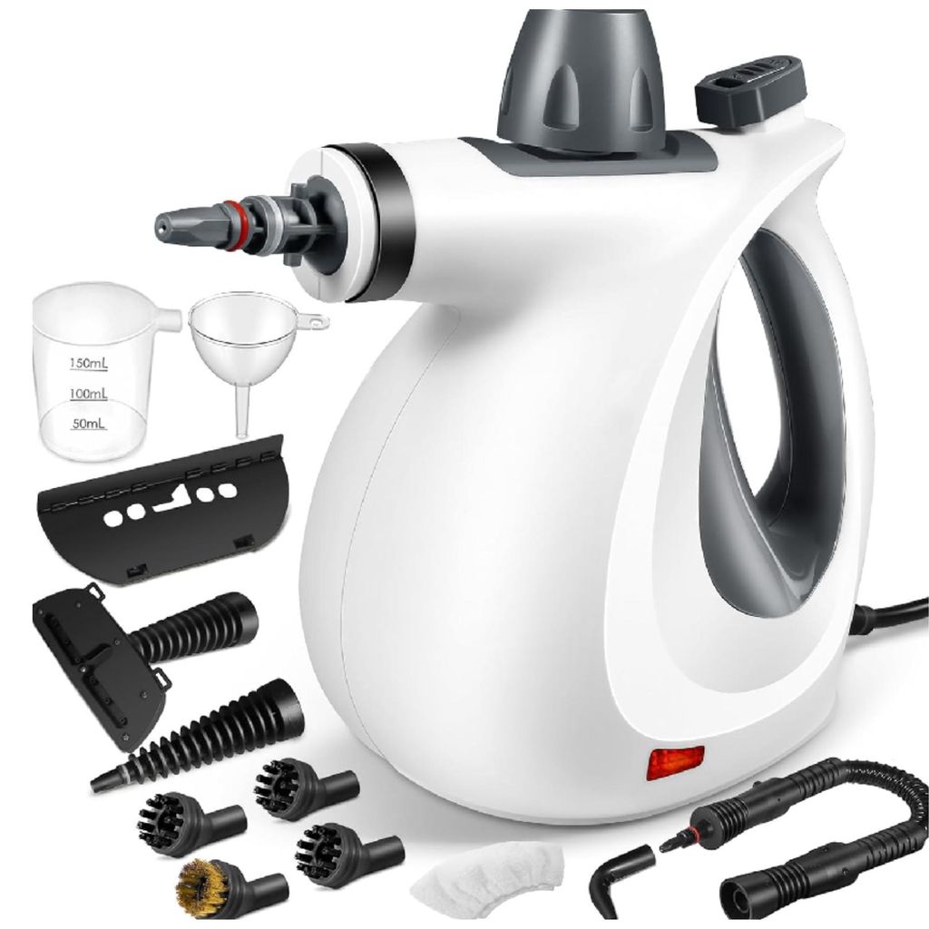 A white handheld steam cleaner with various attachments, a measuring cup, and a funnel, all arranged on a white background.