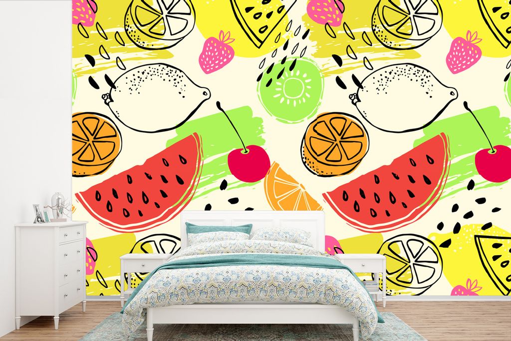 MuchoWow Fototapete für Wohnzimmer oder Schlafzimmer Wandtapete Vinyl Motivtapete Obst - Farben - Gelb - Grün - 450x300 cm - Gemusterte
