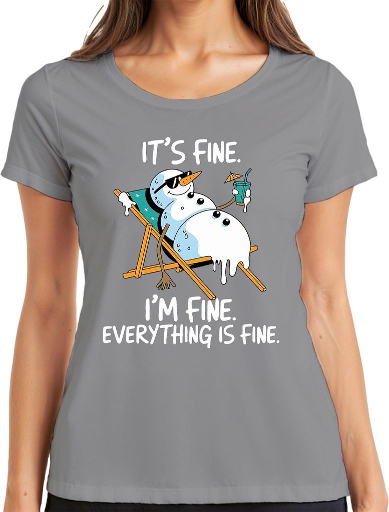 It's Fine I'm Fine Everything Is Fine schmelzender Schneemann Damen T-Shirt, Grau, XXL