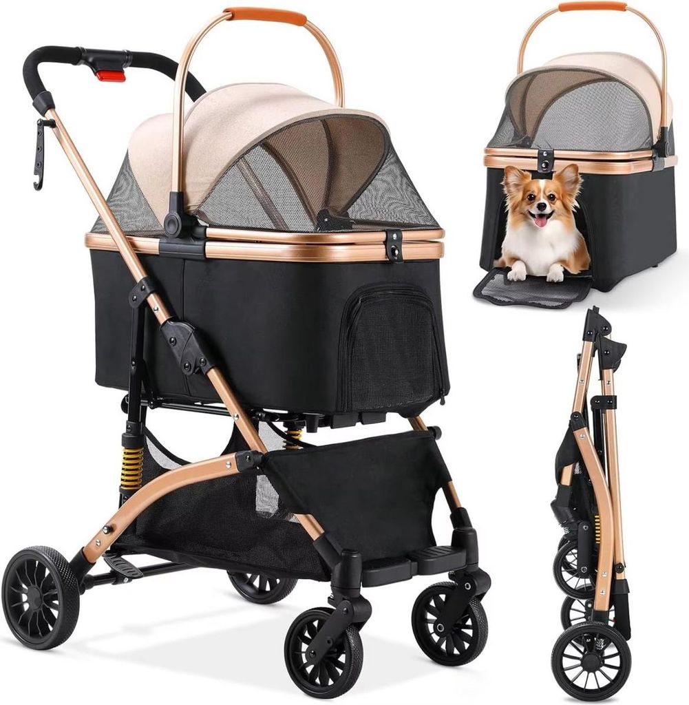 2-in-1 Hunde-Buggy & Transporttasche – Klappbar – Für Hunde und Katzen bis 40kg – Geländegängig – Braun/Schwarz