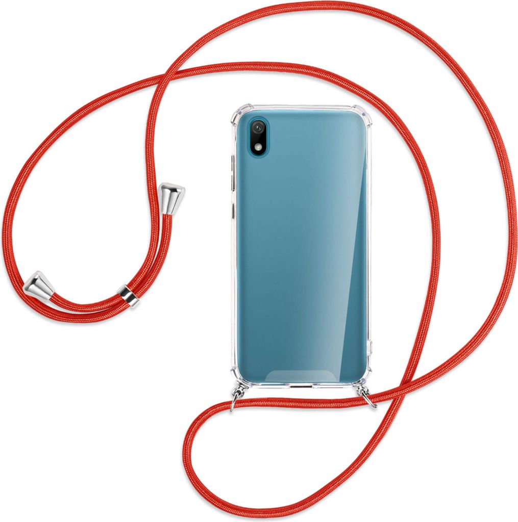 Handykette Backcover-Schutzhülle mit Band (Metall silberfarben) für Huawei Y5 2019 - rot