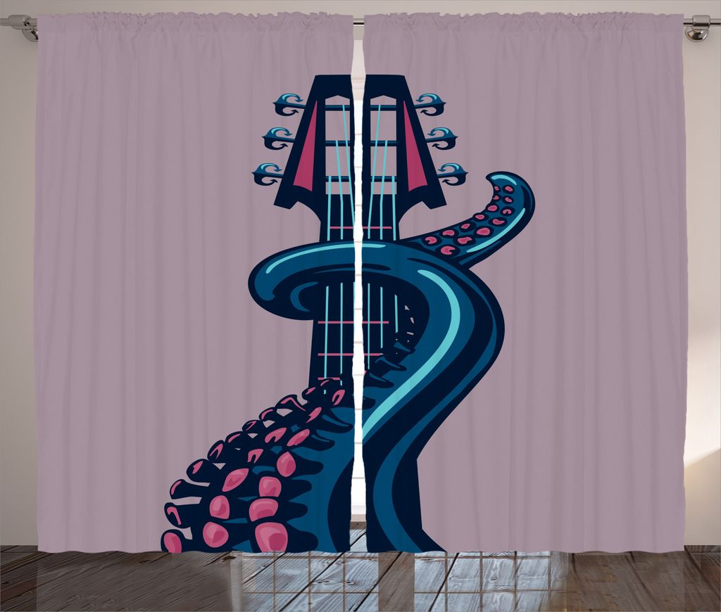 ABAKUHAUS Tintenfisch Rustikaler Vorhang, Gitarrenmusik, Wohnzimmer Universalband Gardinen mit Schlaufen und Haken, 280 x 245 cm, Lila Blau