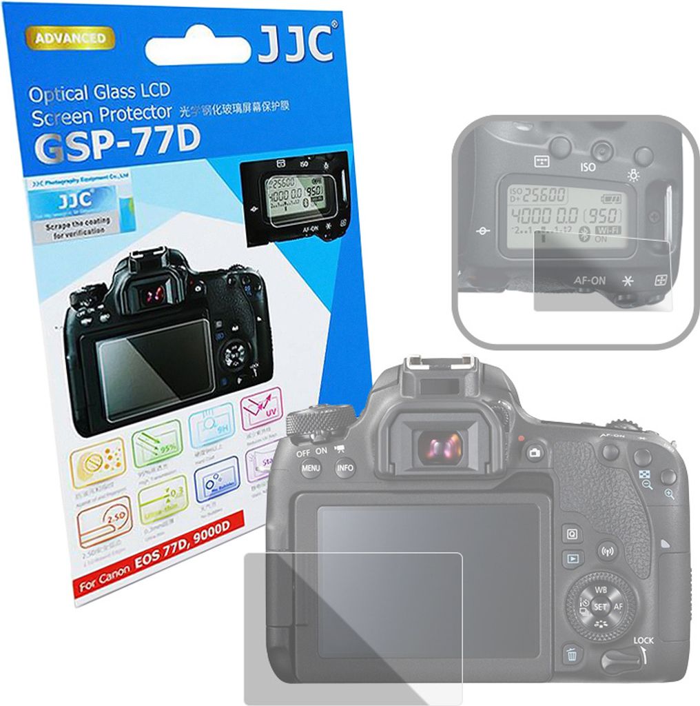 JJC GSP-77D Hochwertiger Displayschutz Screen Protector aus gehärtetem Echtglas kompatibel mit Canon EOS M77D, 9000D