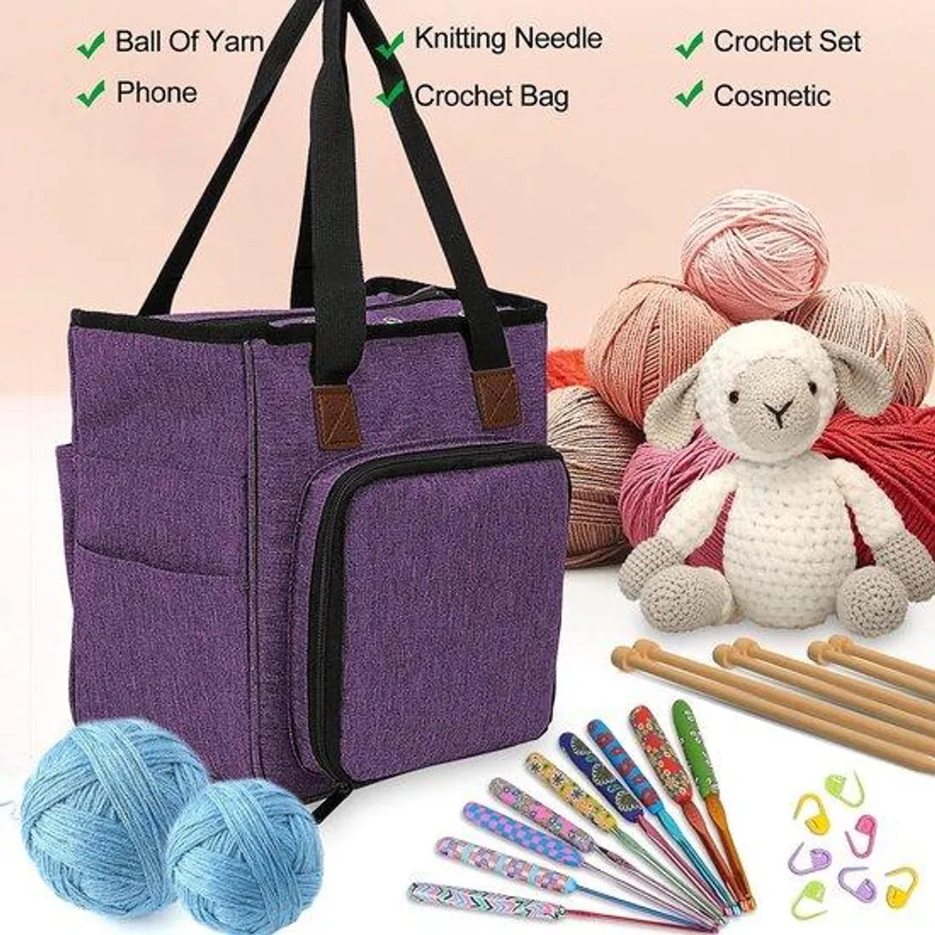 Sac de tricot avec oeillets anti-nœuds, rangement aiguilles violet