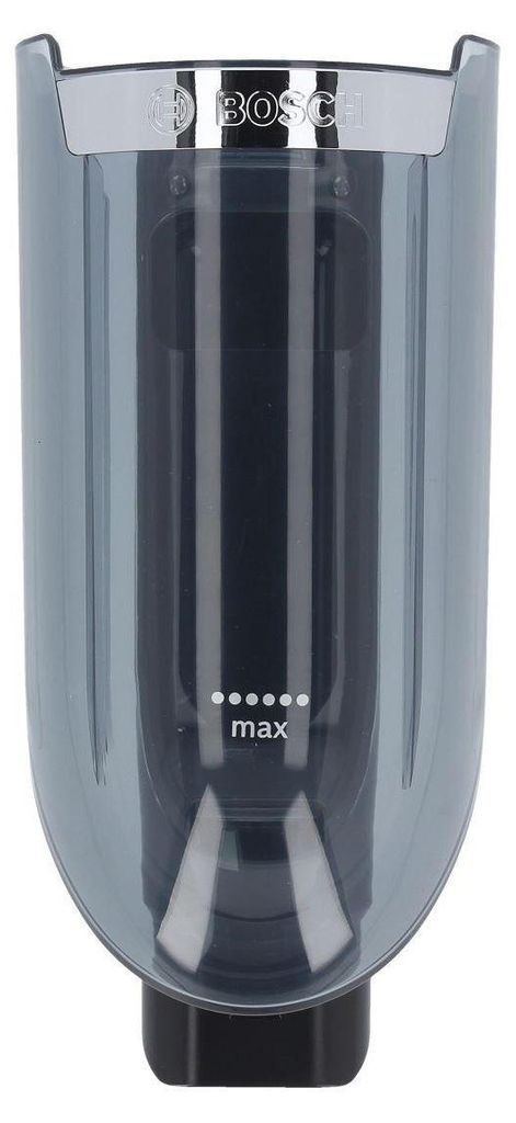A close-up studio shot of a gray and black Bosch dust container.