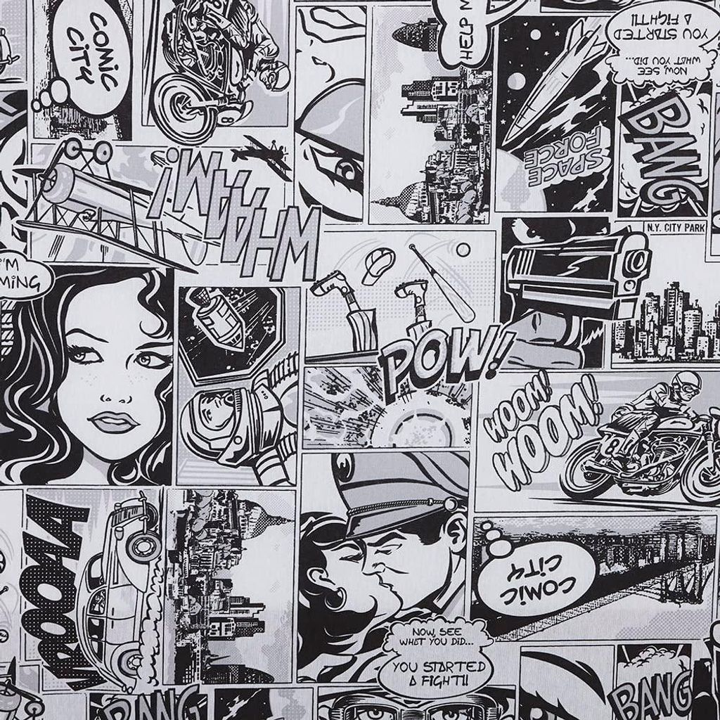 Canvas-Stoff 100x280 cm, Comic-Muster, Weiß/Schwarz, 1 Meter