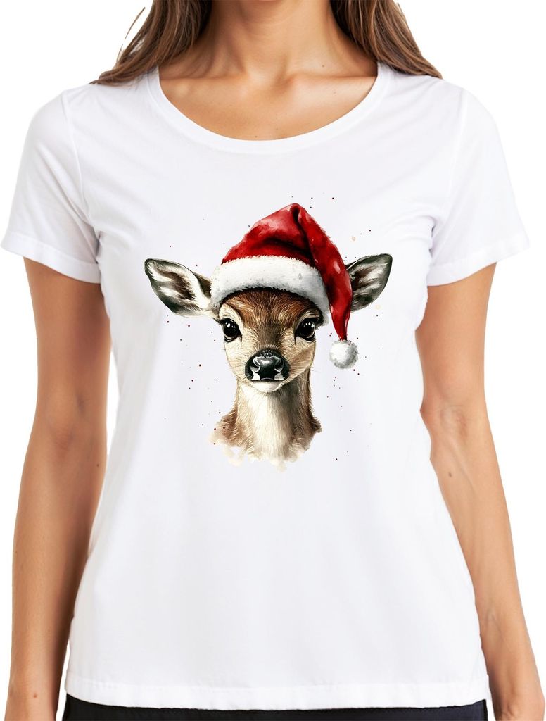 Weihnachts Rehkitz Aquarell süß Geschenk Winter festlich Damen T-Shirt, Weiß, XL