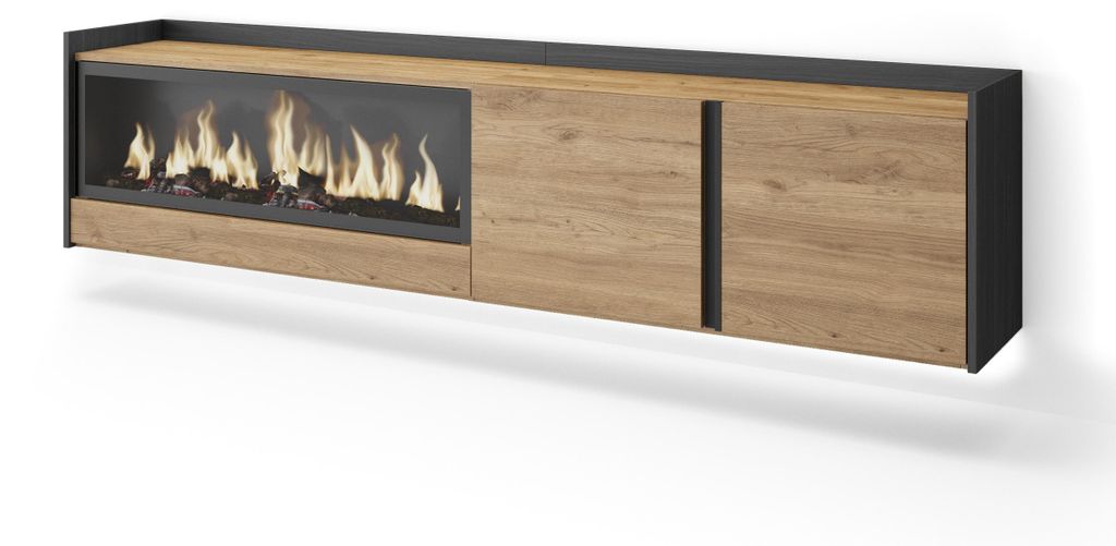 TV-Möbel Holzeffekt eiche schwarz 212x35x50cm Kamin mit Feuereffekt
