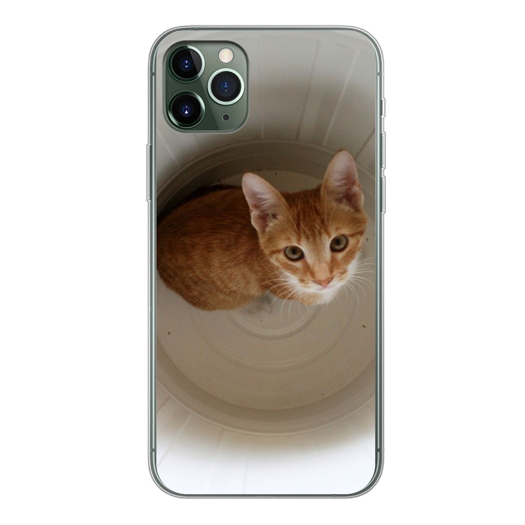 MuchoWow Handyhülle Schutzhülle Hülle für iPhone 11 Pro Max Katze - Mülleimer - Weiß Silikon Softcase Handy Hülle - Schutz