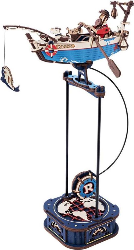 A wooden model of a fishing boat with a person fishing, mounted on a stand with a globe.
