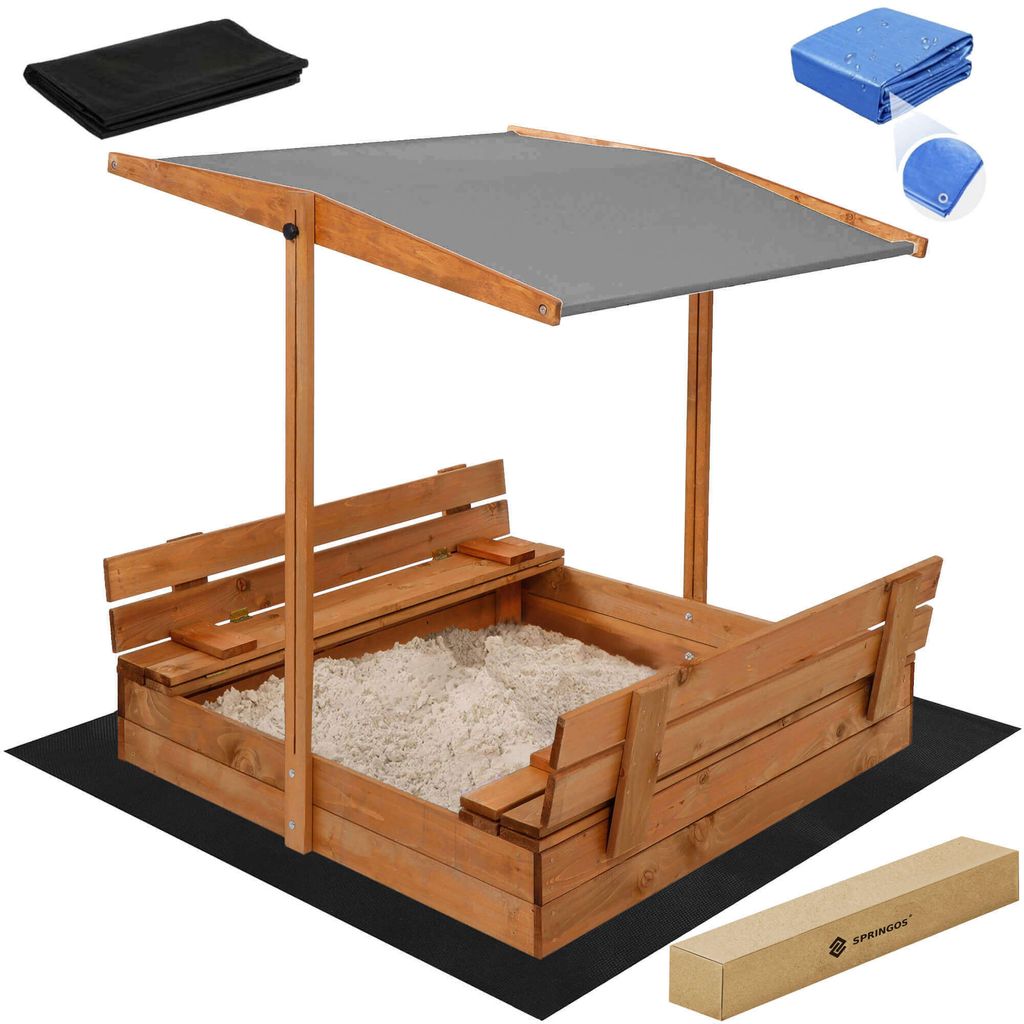 Springos Sandkasten mit Dach 120x120 cm Massivholz Sandkiste mit Deckel Bänken Sandbox Holzsandkasten mit Abdeckung Imprägniert Holz Kinder Spi...