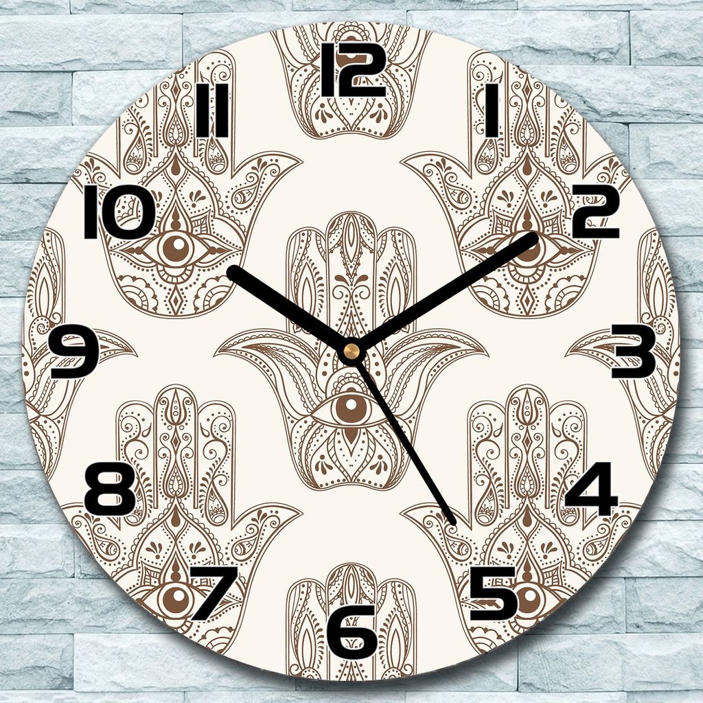 Wanduhr aus Glas Rund fi 30 Hamsa-Symbol braun Quarz Deko Schlafzimmer Büro