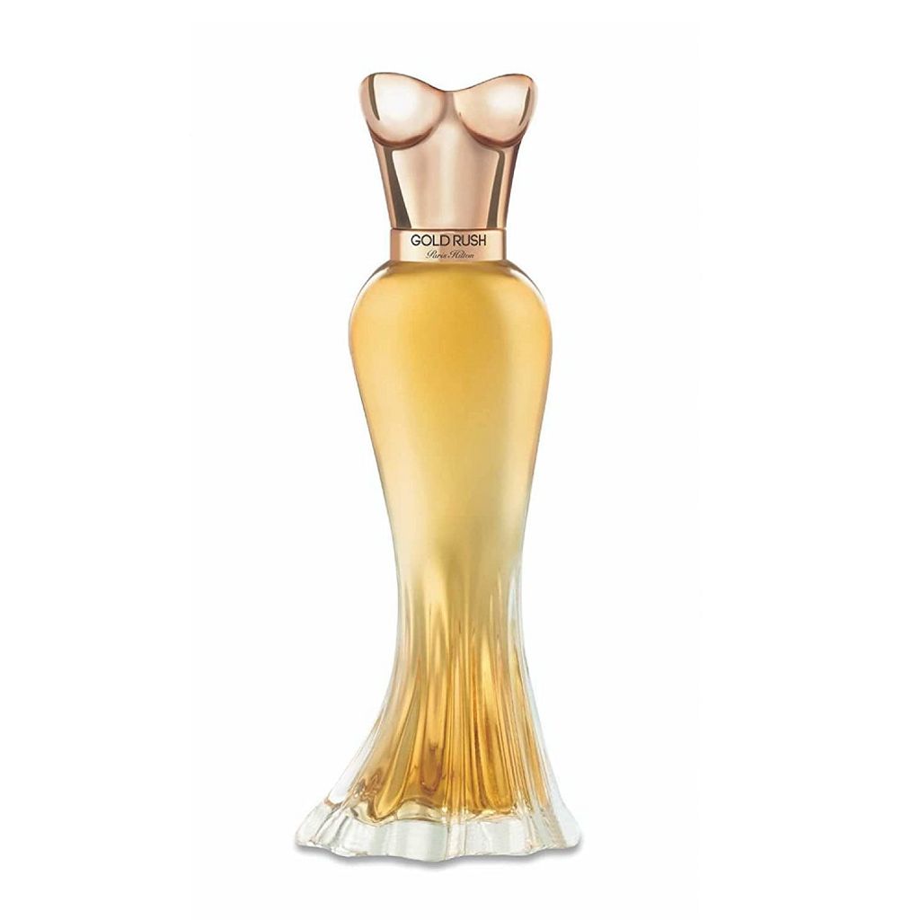 A perfume bottle shaped like a dress with a gold bustier top and a flowing gold skirt.